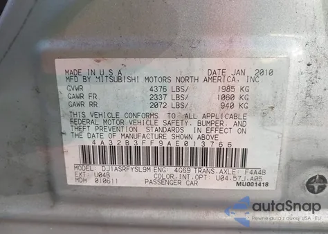 2010 Mitsubishi Galant Es/Se z USA, uszkodzony, nr VIN 4A32B3FF9AE013766